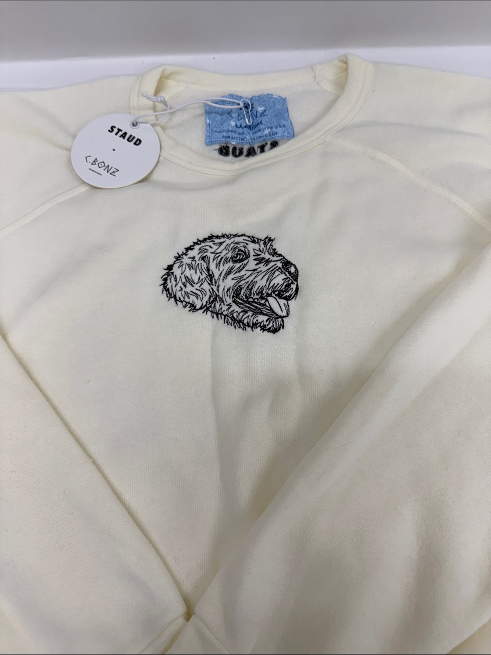 STAUD Women’s Cream Crewneck Sweater with Black Dog Head Embroidery
